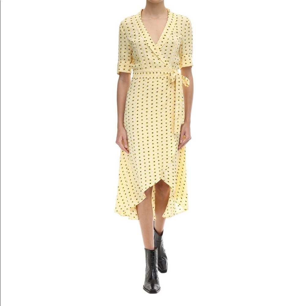 GANNI yellow floral wrap dress